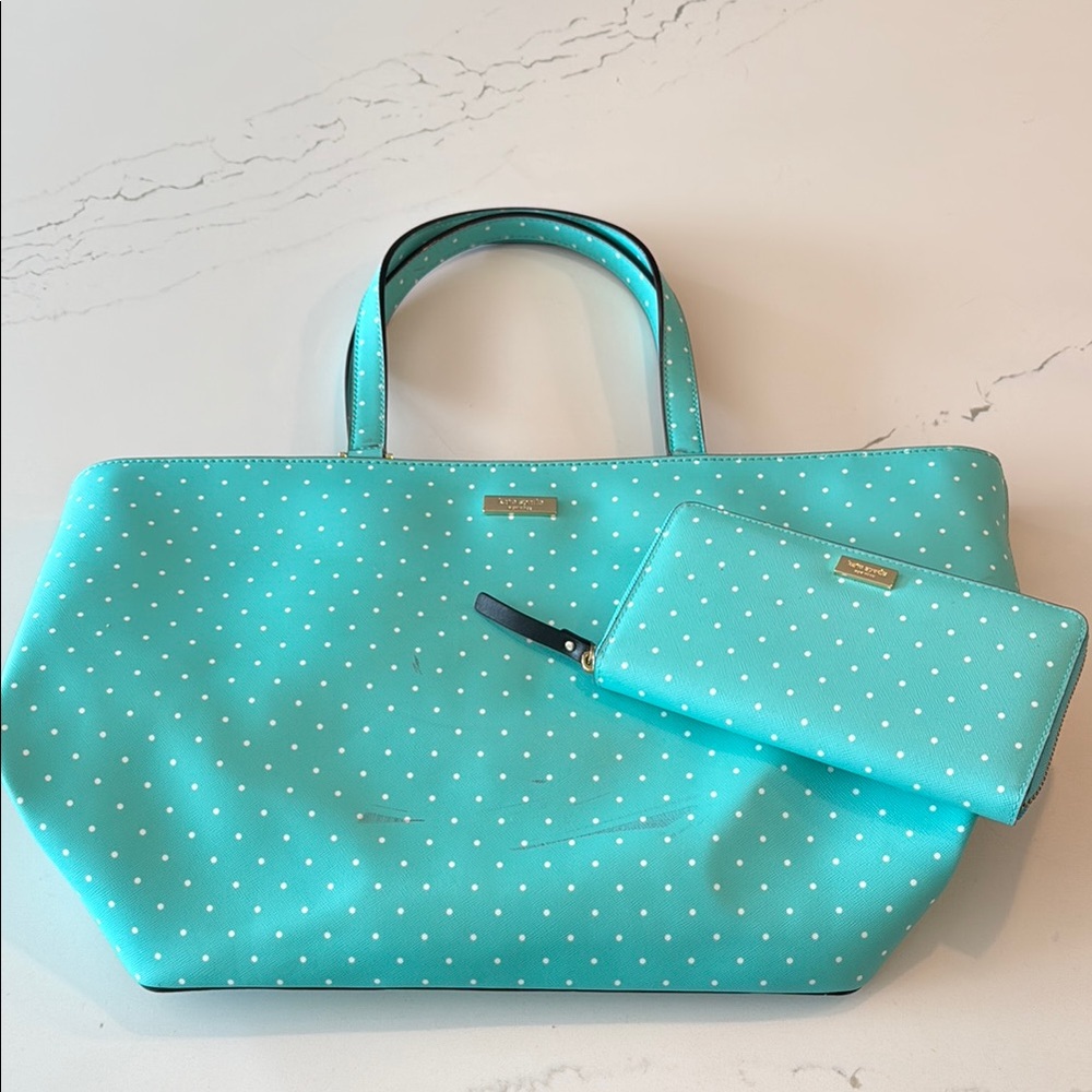 Kate Spade Blue and White Polka Dot Tote and Wallet Set!